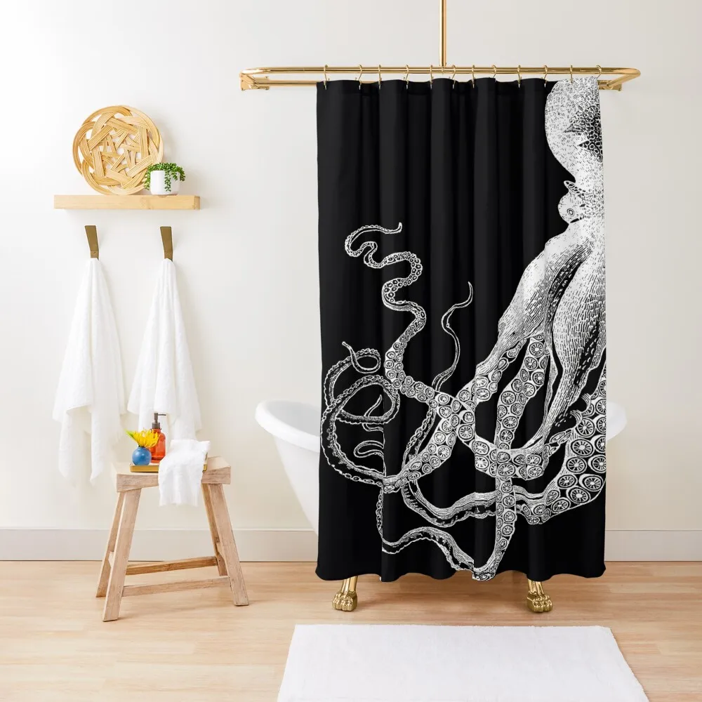 Half Octopus Left Side Vintage Octopus Tentacles Sea Creatures Nautical Ocean Sea Beach Diptych Black and White Shower Curtain