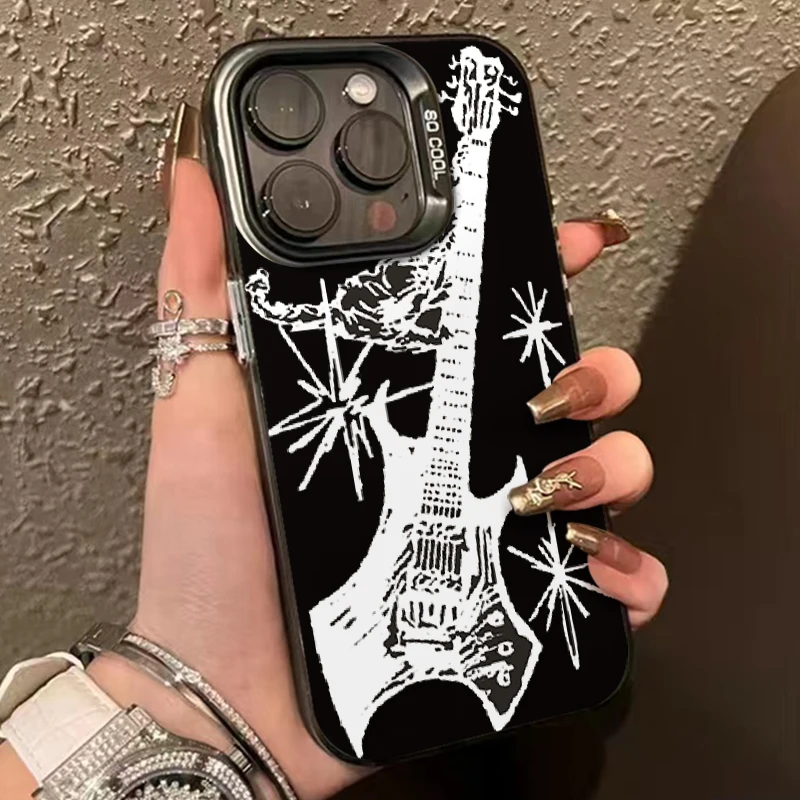 Retro Cool Black Cat Guitar Phone Case For IPhone 16 15 14 13 12 11 Promax Xr Xs Max 7 8 Plus SE Luxury Plating Shockproof Cover