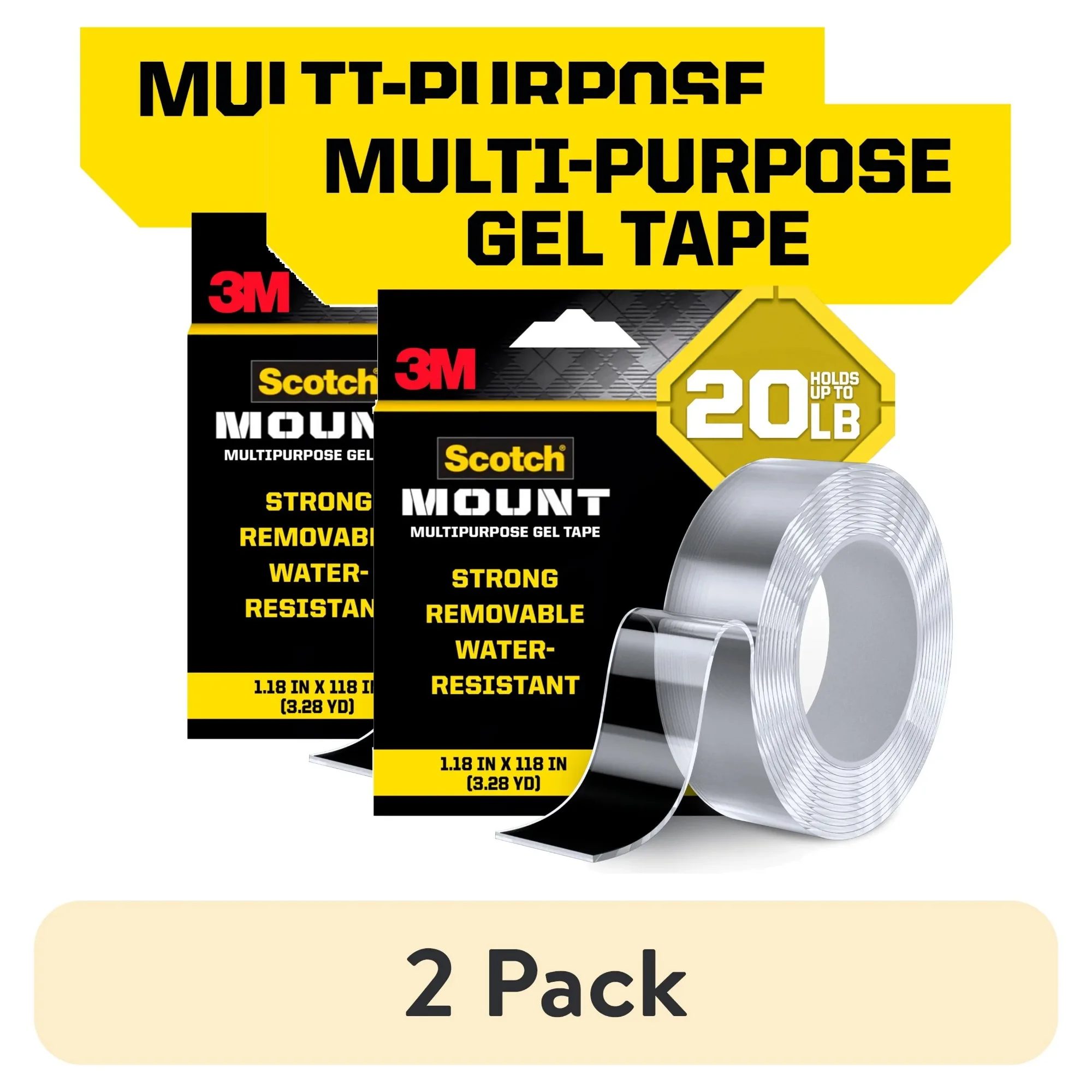 

(2 pack) Multipurpose Gel Tape, Clear, 1.18 in x 118 in, Holds 20 lbs