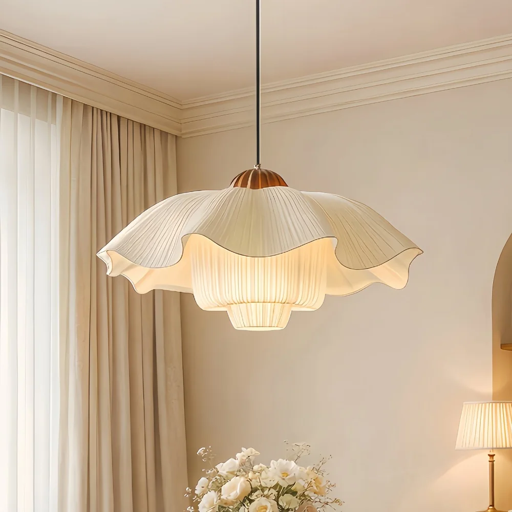 Fabric Pleated Pendant Light French Retro Romantic Creative Pendant Lamp Dining Table Living Room Bedroom Study Decoration Light