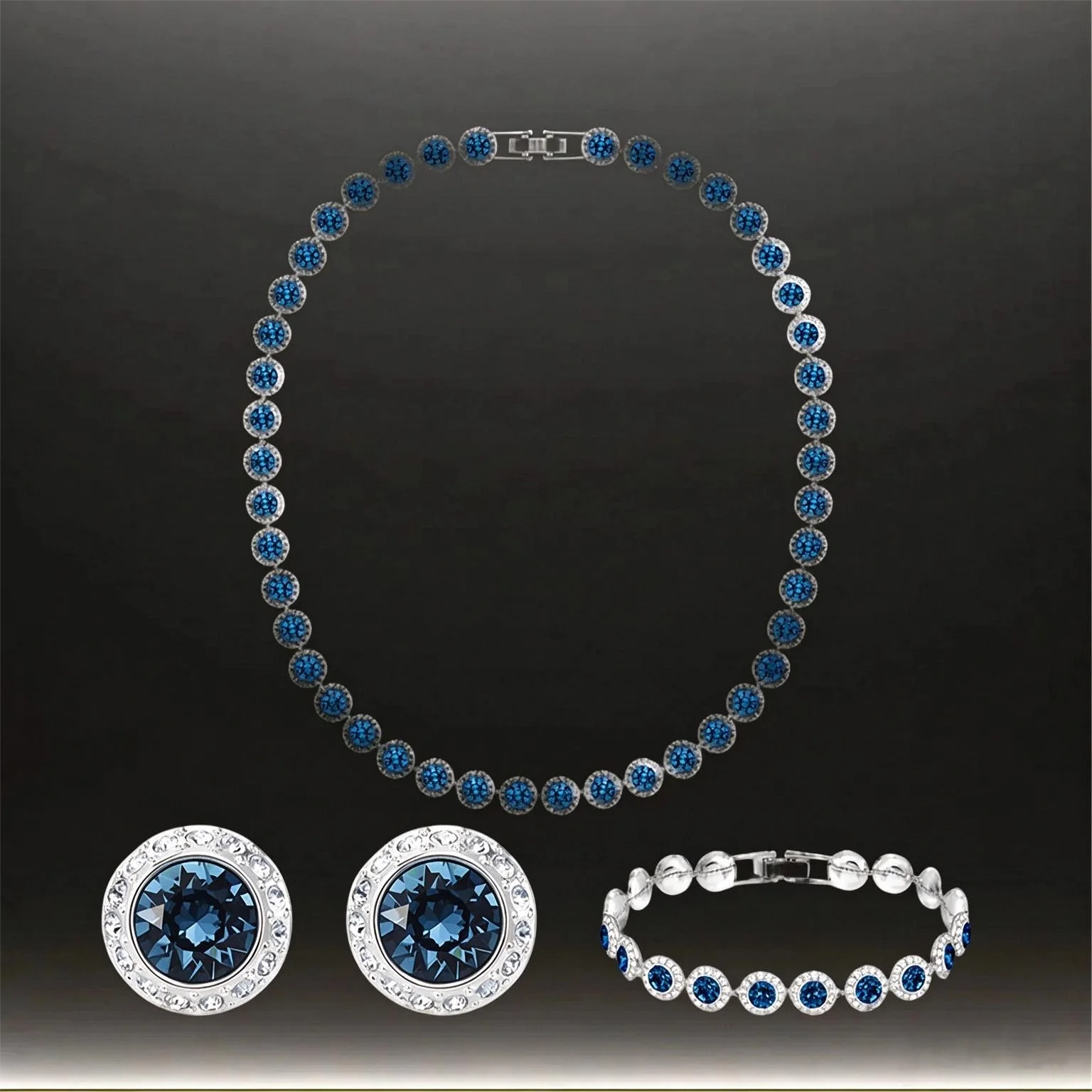 2025 Hot Selling High-end Jewelry Crystal Necklace Earring Bracelet Three Piece Set Ocean Heart Color Matching Dinner Preferred