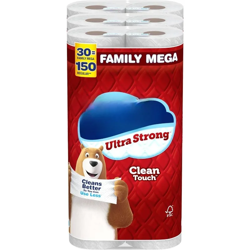 

Ultra Strong Clean Touch Toilet Paper, 30 Family Mega Rolls = 150 Regular Rolls