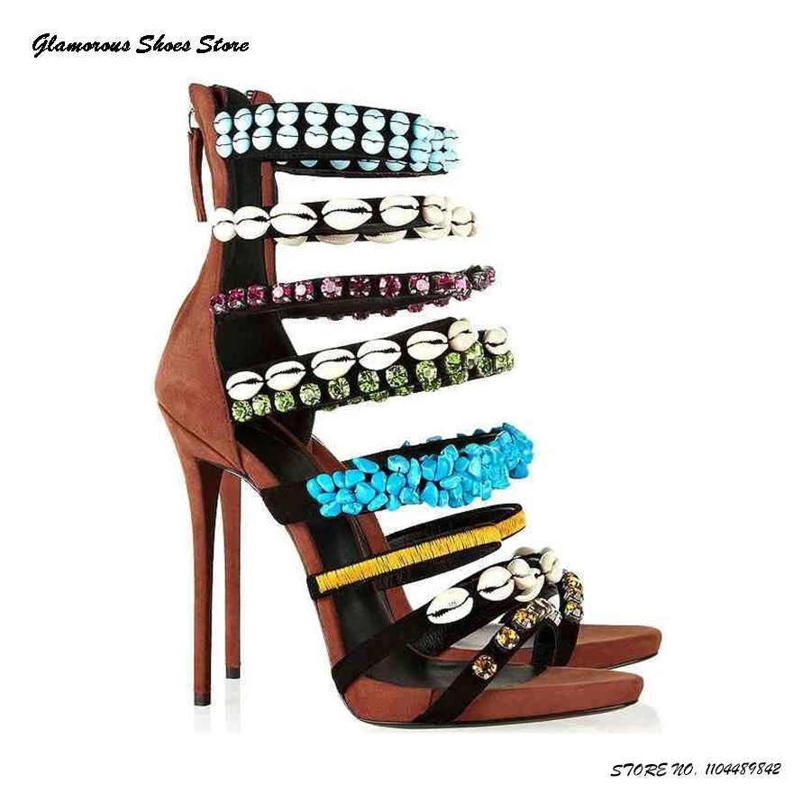 

Сандалии с ремешками, украшенные кристаллами и ракушками, женские туфли с круглым открытым носком на тонком каблуке, летние модные туфли на молнии сзади, подиумные туфли на шпильке