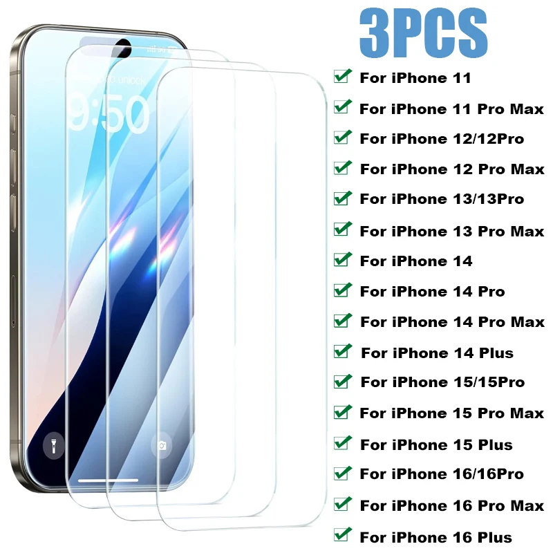 3PCS Full Cover Tempered Glass For iPhone 16 Pro Max Screen Protector on for iPhone 11 12 13 14 15 Pro Max 15 Plus 13 Mini Glass