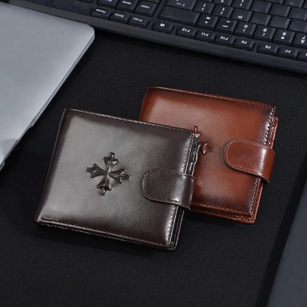 

Cross 3 Fold Wallets PU Leather ID Badge Holder Anti-theft Cash Bag Solid Color Urban Recreational Style Men's Short Wallet