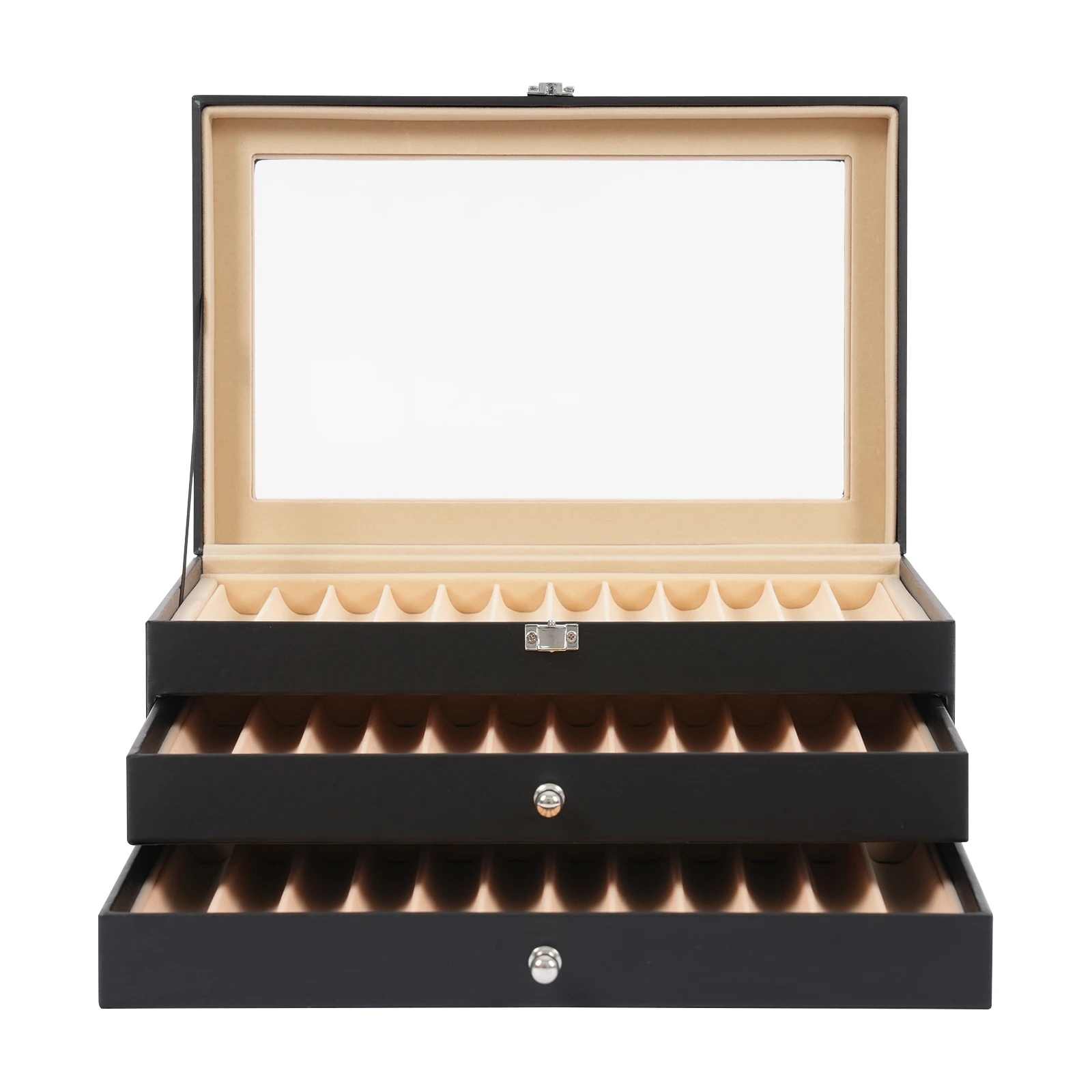 

Pen Display Box with 36 Slots, 3-Tier Design, Velvet Lining, Glass Lid for Display and Storage