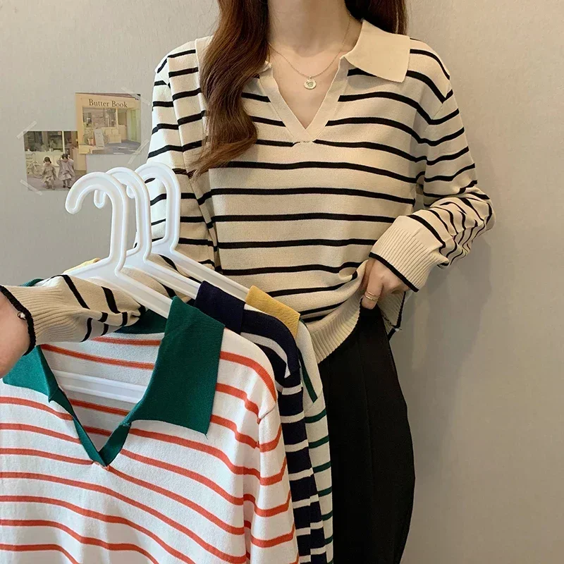 Autumn Casual All-match Tops Long-sleeved Knitted Bottoming Sweaters Striped V-neck Pullover Polo Sweater Women's Early Jumpers