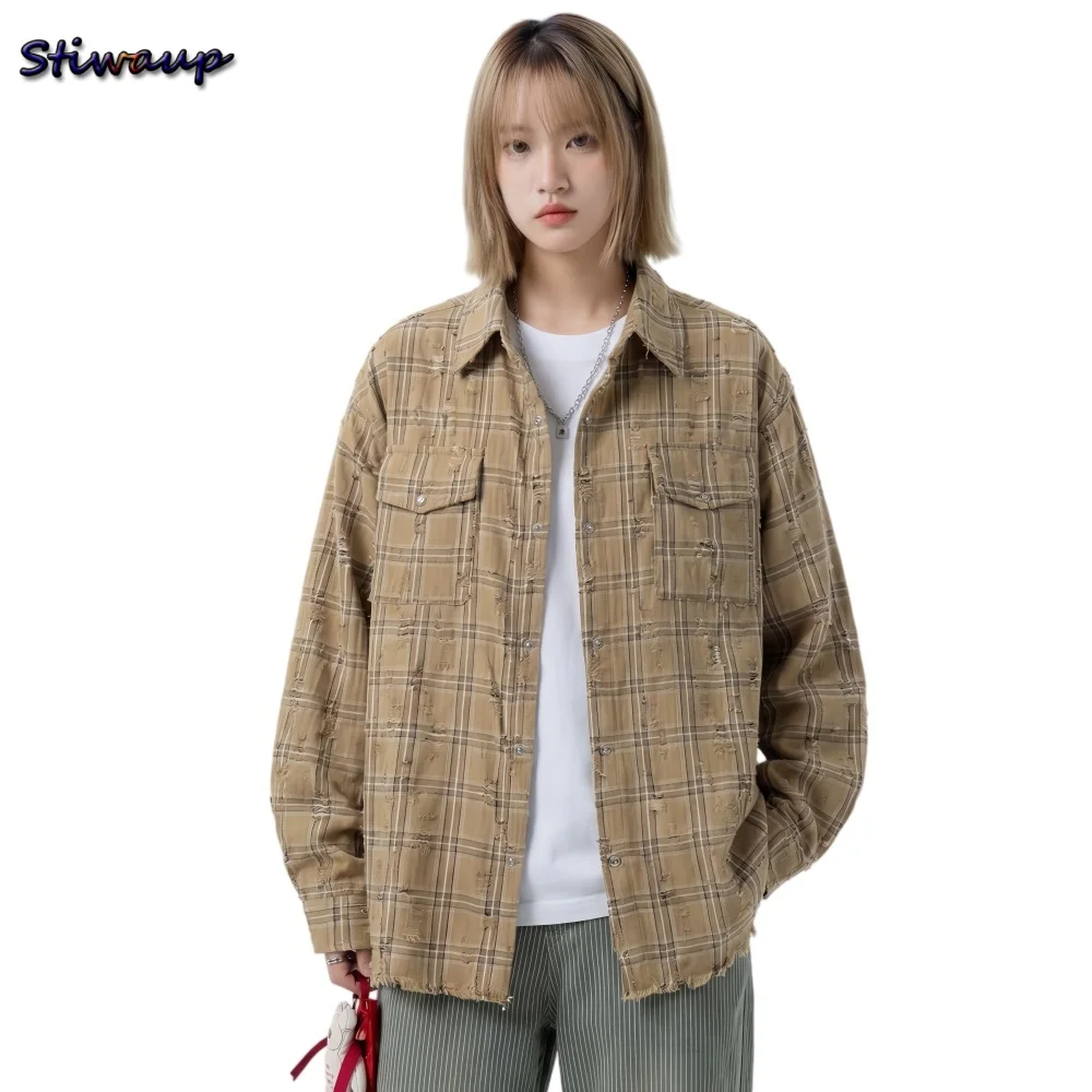 

Женская оверсайз рубашка в клетку из хлопка, винтажная, рваная, повседневная, с длинным рукавом, унисекс, женская одежда оверсайз, тренд 2026 года