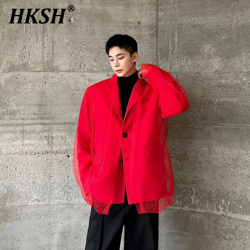 HKSH Spring Autumn Winter New Men's Tide Trend Mesh Fake Two -piece Blazer Jacket Elegant Stage Performance Chic Coat Y2K HK3263