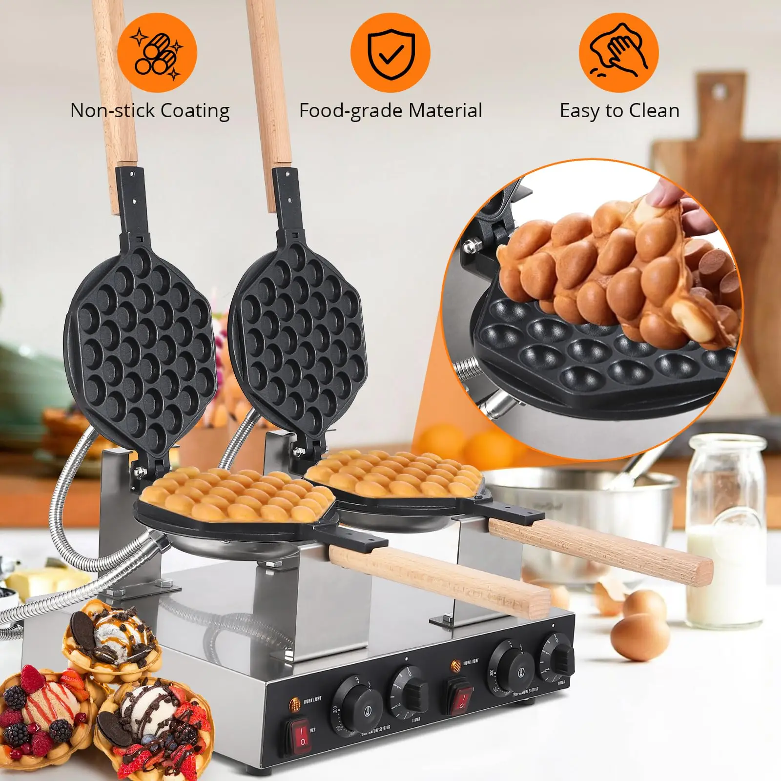 1/2 Plate 1400W/2800W 180° Rotatable Round Bubble Waffle Maker Non-Stick Double-Side Heating Waffle Iron For Home Commercial Use