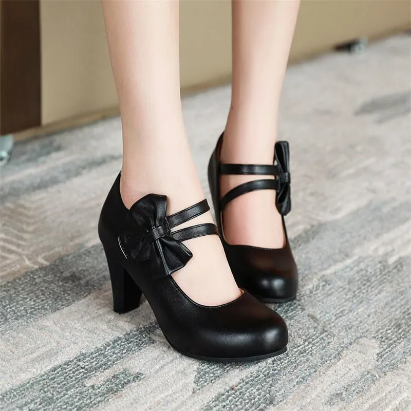 Fashion Women's Shoes Mary Jane Girls Shoes Bow High Heels Shallow Mouth Round Toe Women's Party Wedding Shoes Plus Size 33-48
