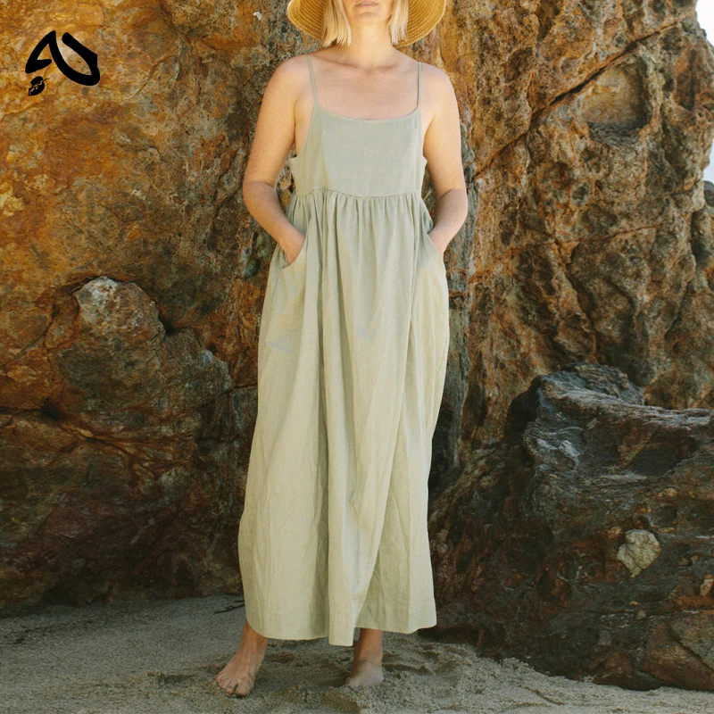 

Original 100% Cotton Summer Casual Maxi Dress Loose Waist Sleeveless Square Neck A-Line Boho Dresses with Pockets Female Robe