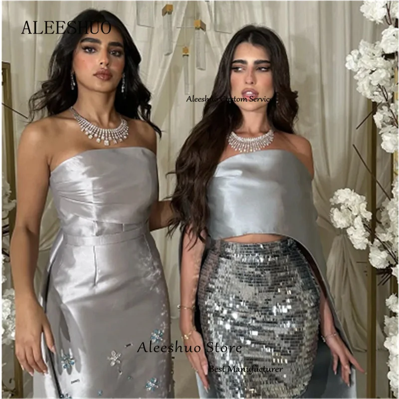 Aleeshuo Elegante Zeemeermin Satijnen Galajurk Mouwloos Sexy Strapless Saudi Arabia Kralen Crystal Paty Jurk فساتين مناسبة رسمية