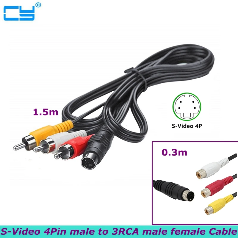 

0.3m 1.5m Mini DIN 4 Pin S-Video Male To 3 RCA Male Female AV Audio Video Adapter Cable DVD PC TV