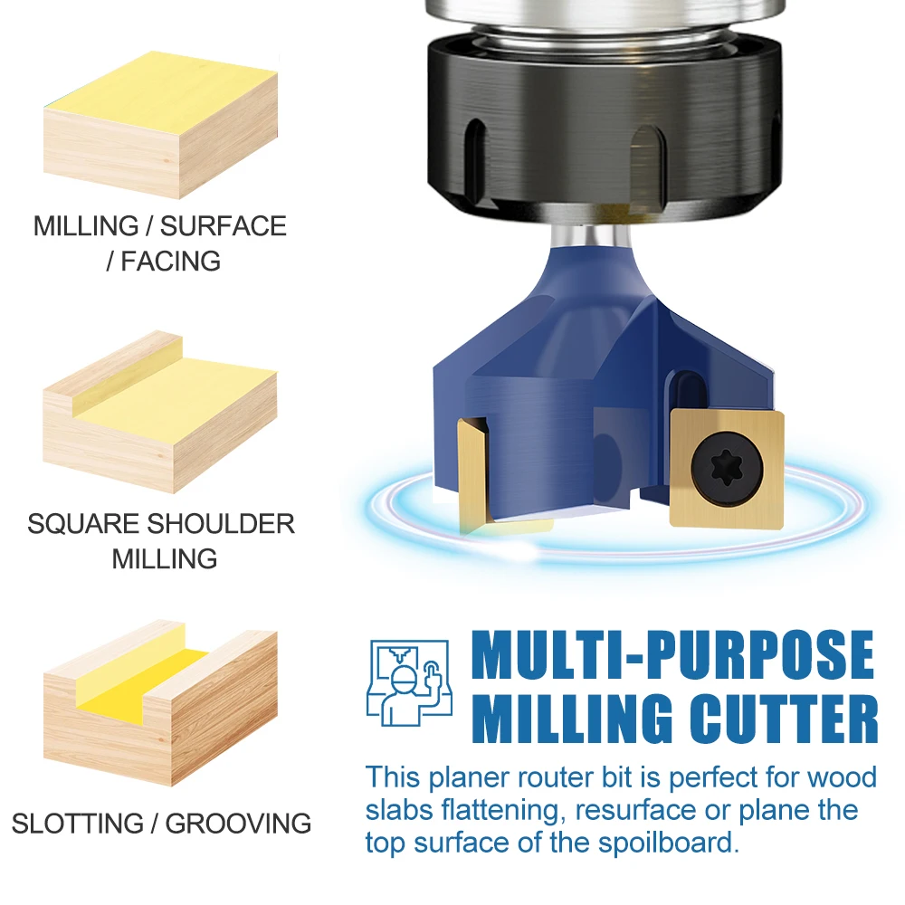 XCAN Milling Cutter for Wood 3 Flute Wood Planer Bit Face Mill Insert Carbide Slab Spoilboard CNC Surfacing Router Bit 8mm Shank