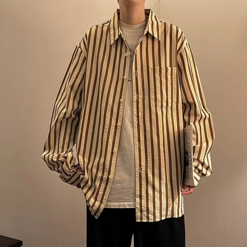 Casual Shirts Men Loose Fashion All-match Spring Striped Pleated Handsome Japanese Style Teenagers Streetwear Youthful Popular