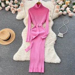 YuooMuoo Chic Fashion Sexy Package Hips Lace-up Knitted Winter Dress Women Slim Elastic Bodycon Long Dress Streetwear Outfits