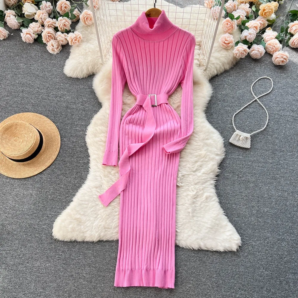 YuooMuoo Chic Fashion Sexy Package Hips Lace-up Knitted Winter Dress Women Slim Elastic Bodycon Long Dress Streetwear Outfits