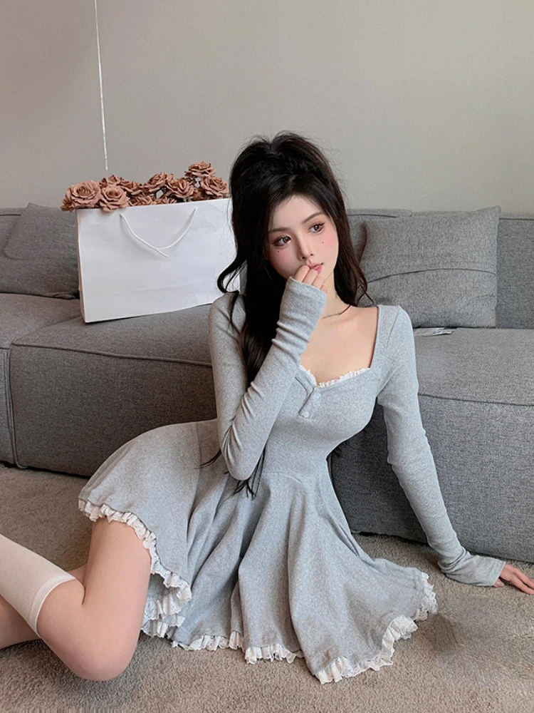 Long Sleeve Lace Mini Dress Woman Lolita Kawaii Dress Party Casual 2022 Autumn Slim Pure Color Elegant Dress Korean Style Female