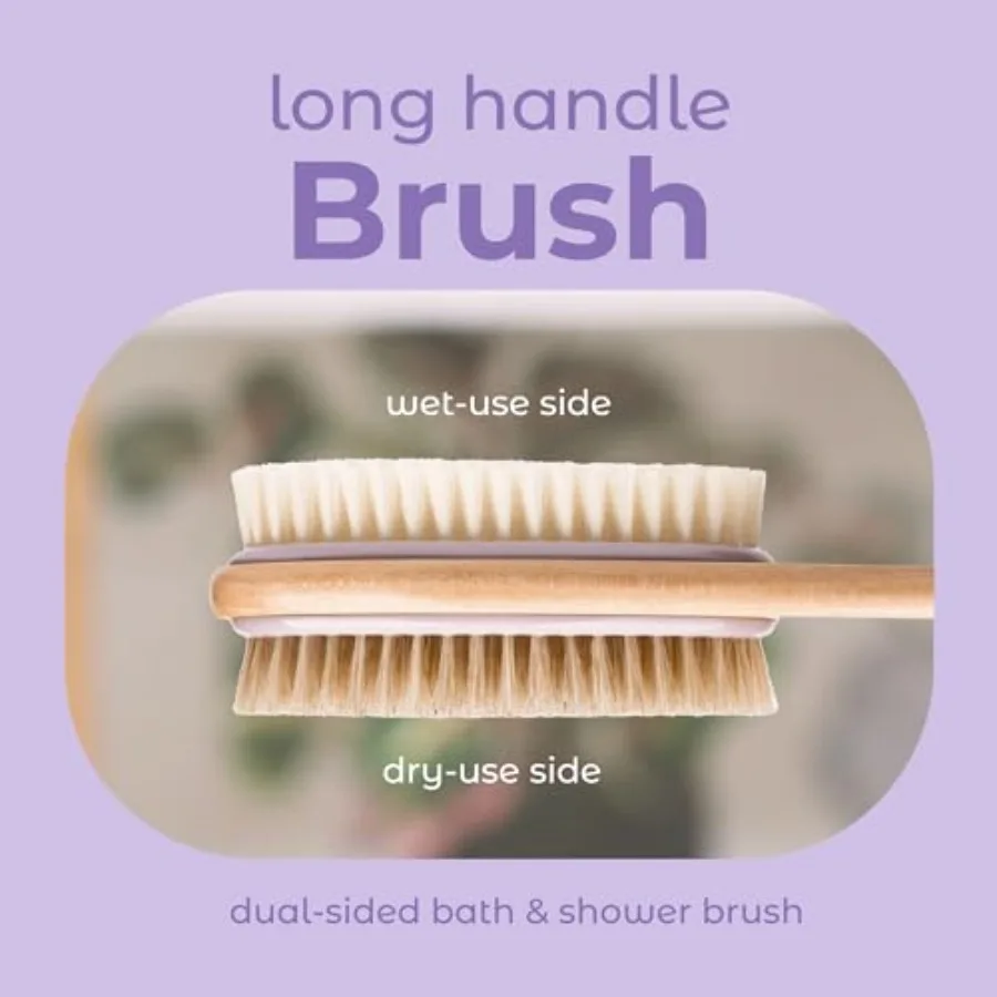 Back Scrubber Shower Brush, Lavender, Long Handle Dual Sided Body Brush, Exfoliating Bristles and Soft Bristles, Back Scrubbing
