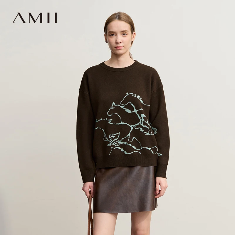 

Amii Women's Sweater 2025 Winter New Crew Neck Women's Long Sleeve Top Casual Jacquard Knitwear Loose Versatile Top 12544178