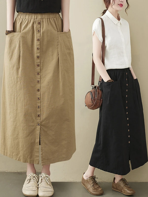 Hohe Taille Baumwolle Leinen Midi Rock frauen Sommer Neue Sle plus Größe Künstlerische Lose Dünne A-linie Rock Casual pendeln