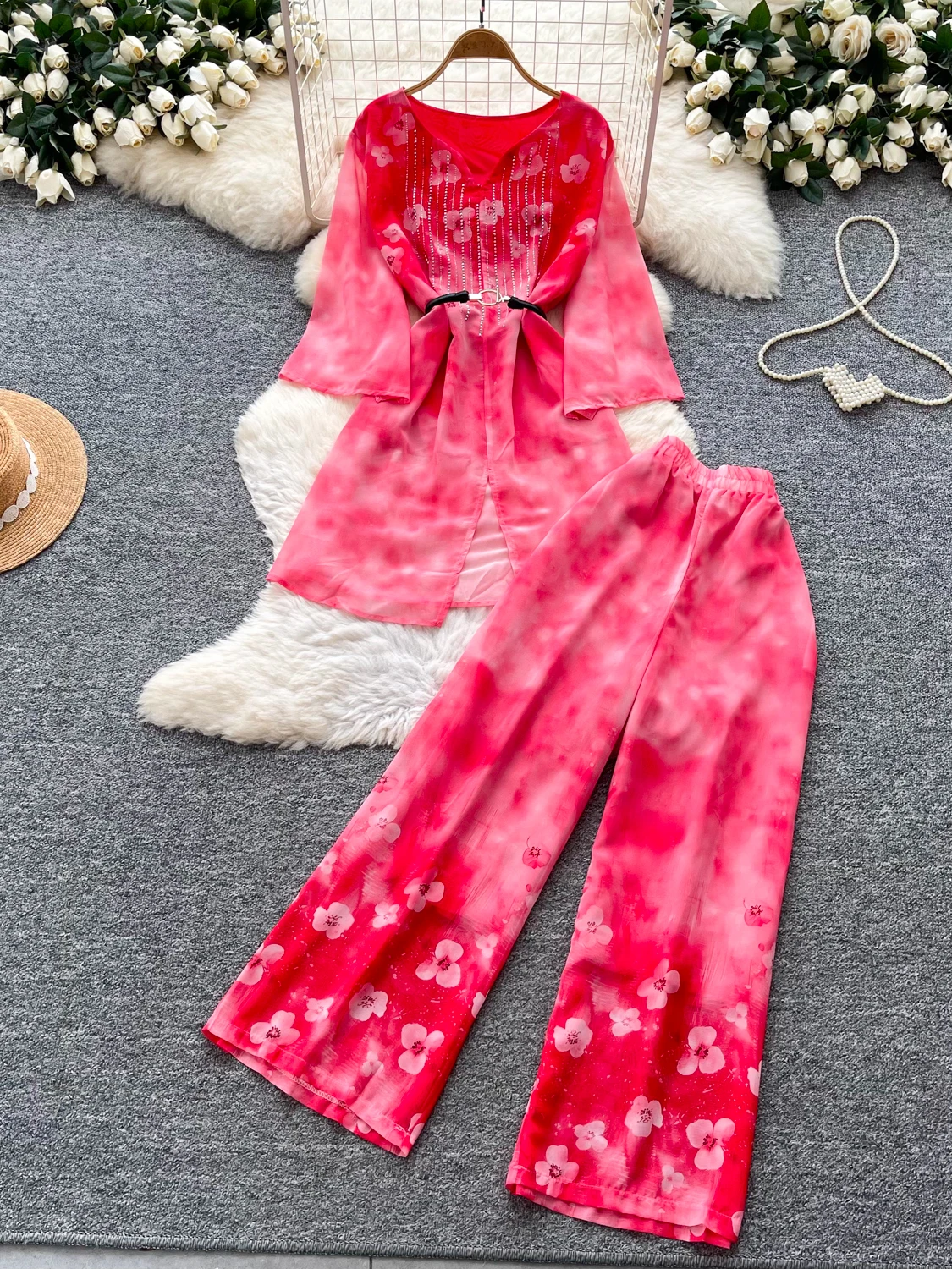 

Elegant Floral Print Two-Piece Set Women's High Waist Slim Fit Autumn Commute Style Seven Sleeve Casual Fashion Ensemble