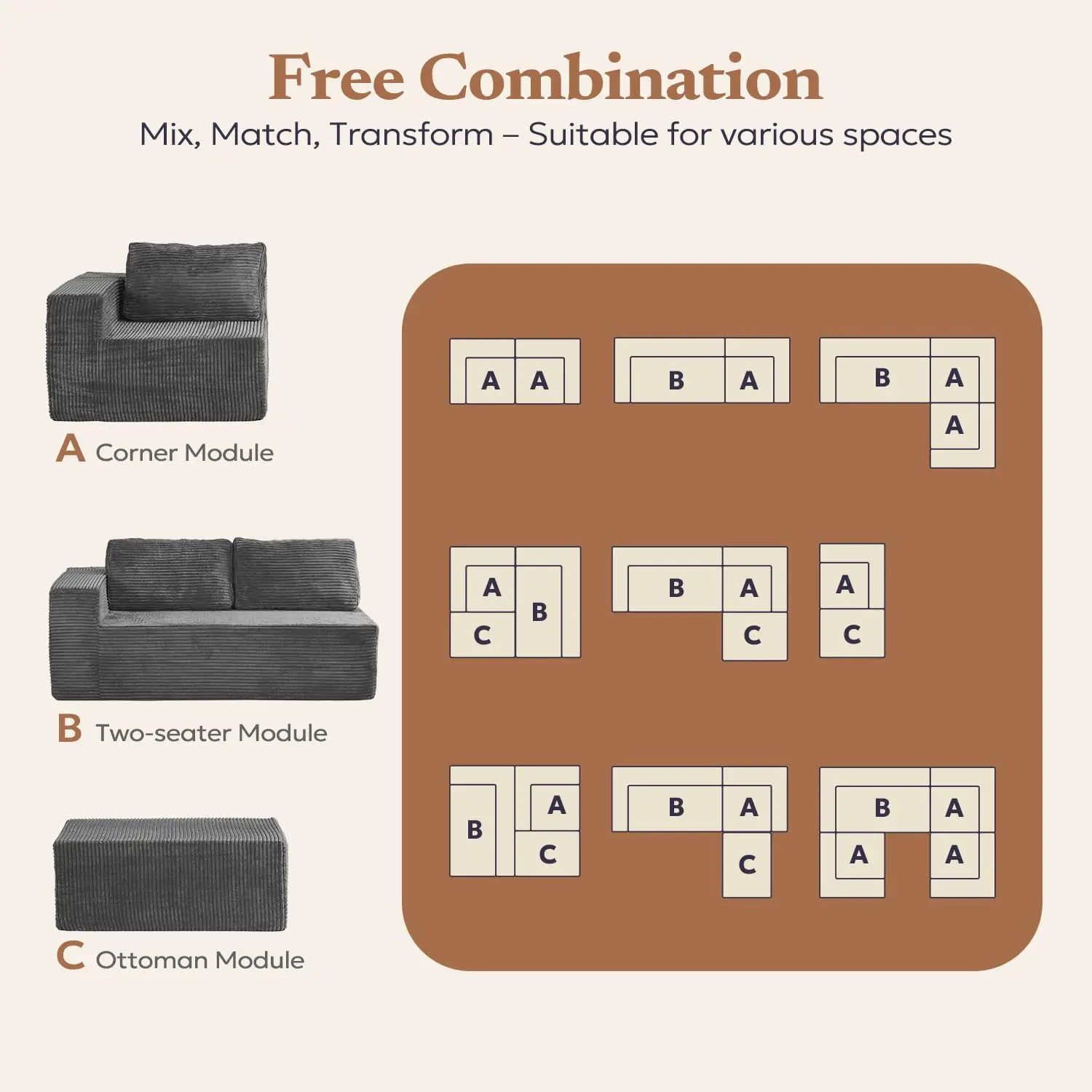 Modular Sectional Sofa With L-Shape Chaise, Reversible Deep Seat Cloud Couch, No Assembly, Corduroy Grey, Customized