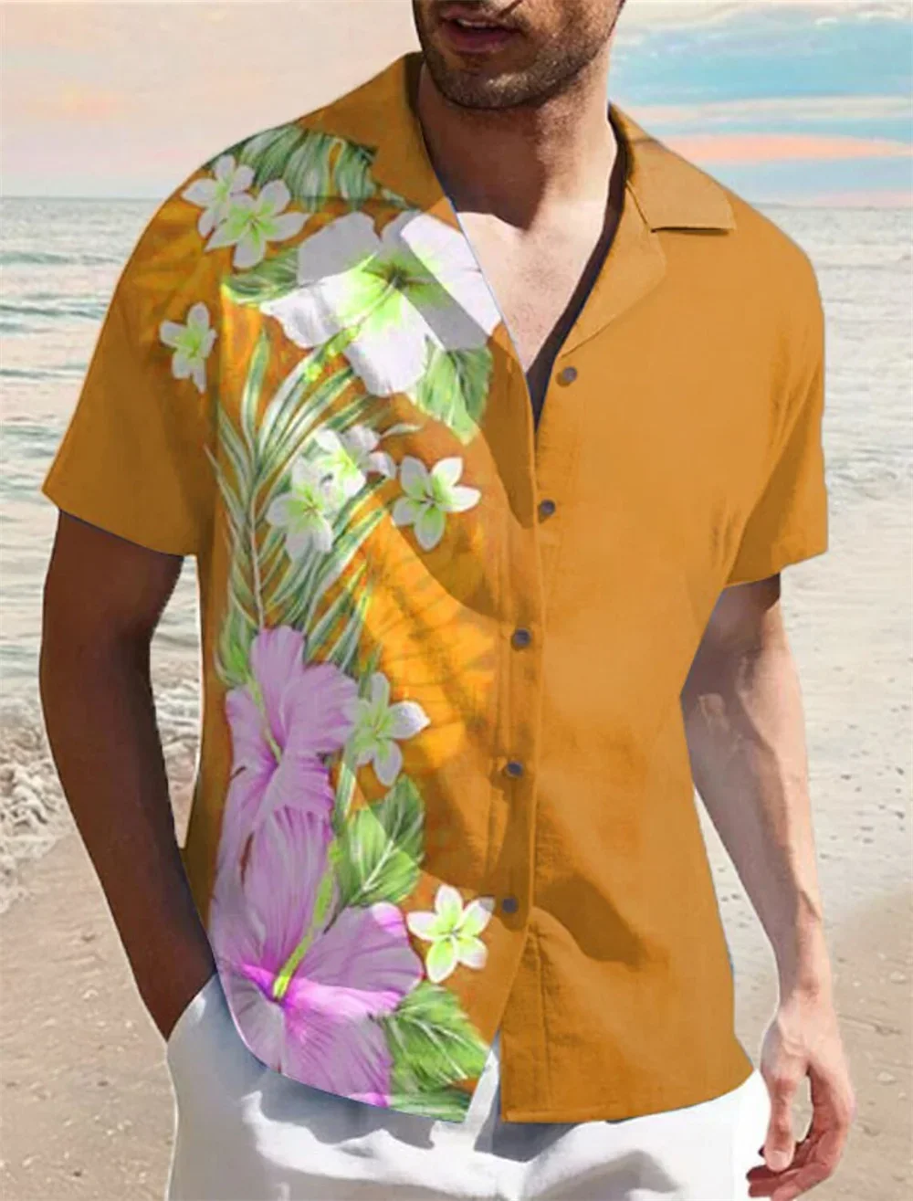 

2024 men's beach short sleeved shirt, flower print lapel button up shirt, outdoor leisure fashion, high-quality men's top