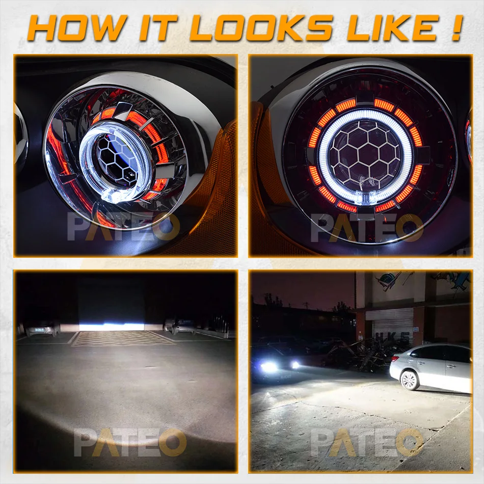 2.5 inch LED Dual Angel Eyes Halo DRL Honeycomb Car Headlight Lens Bi-xenon HID Projector Soccer Etching Lens H1 H4 H7 Retrofit