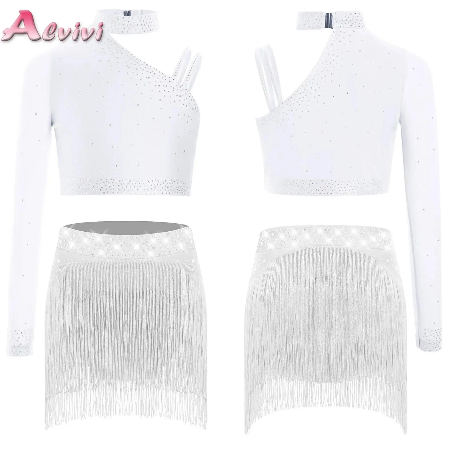 

Kids Girls Ballet Dance Set Sparkly Crop Top with Fringe Skirts Bottoms Outfit for Modern Lyrical Latin Jazz Performance Costume