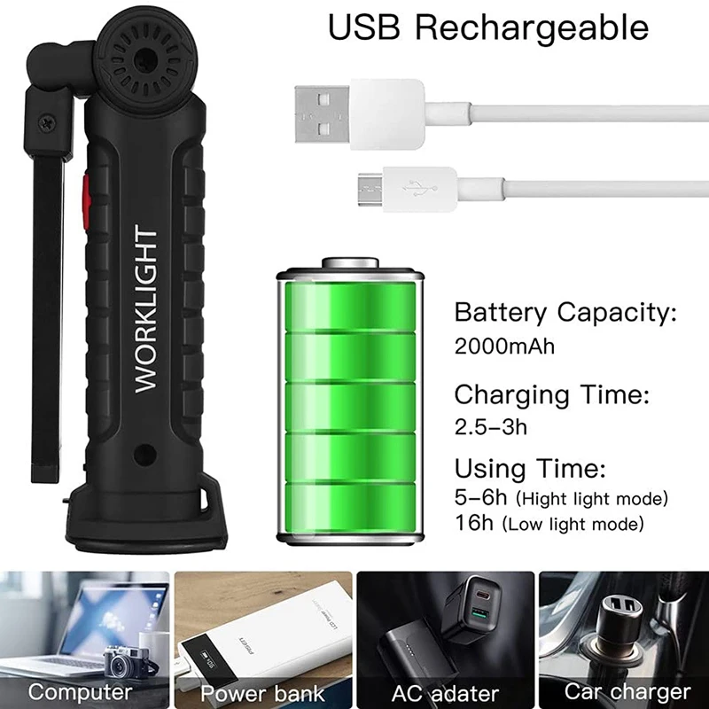 ไฟฉายแม่เหล็กแบบพกพาที่แสงไฟตรวจสอบการทำงาน USB ชาร์จไฟได้โคมไฟตะเกียงแม่เหล็กแบบแขวนไฟฉายตั้งแคมป์