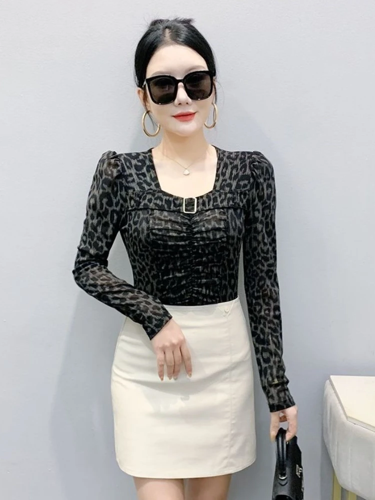 

2026 Spring New Arrival Sexy Square Neck Long Sleeve Women T Shirt European Style Leopard Print Mesh Elegant Basic Top