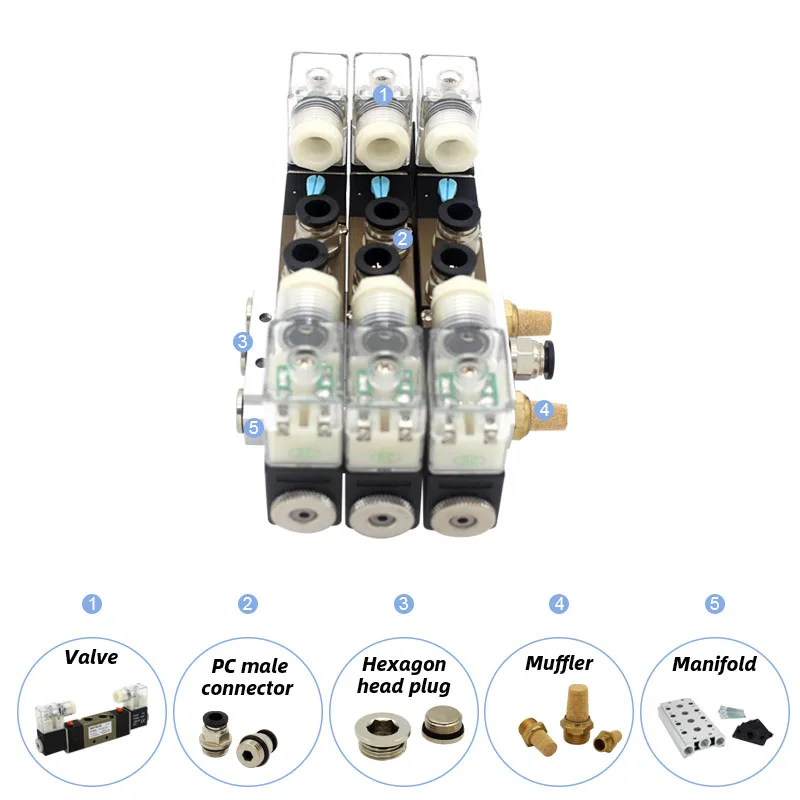 4V220-08 DC24V 12V AC220V AC110V 2 Positions 5 Way Quadruple Solenoid Valve Aluminum Base Fitting Mufflers Set 3 4 5 6 Stations