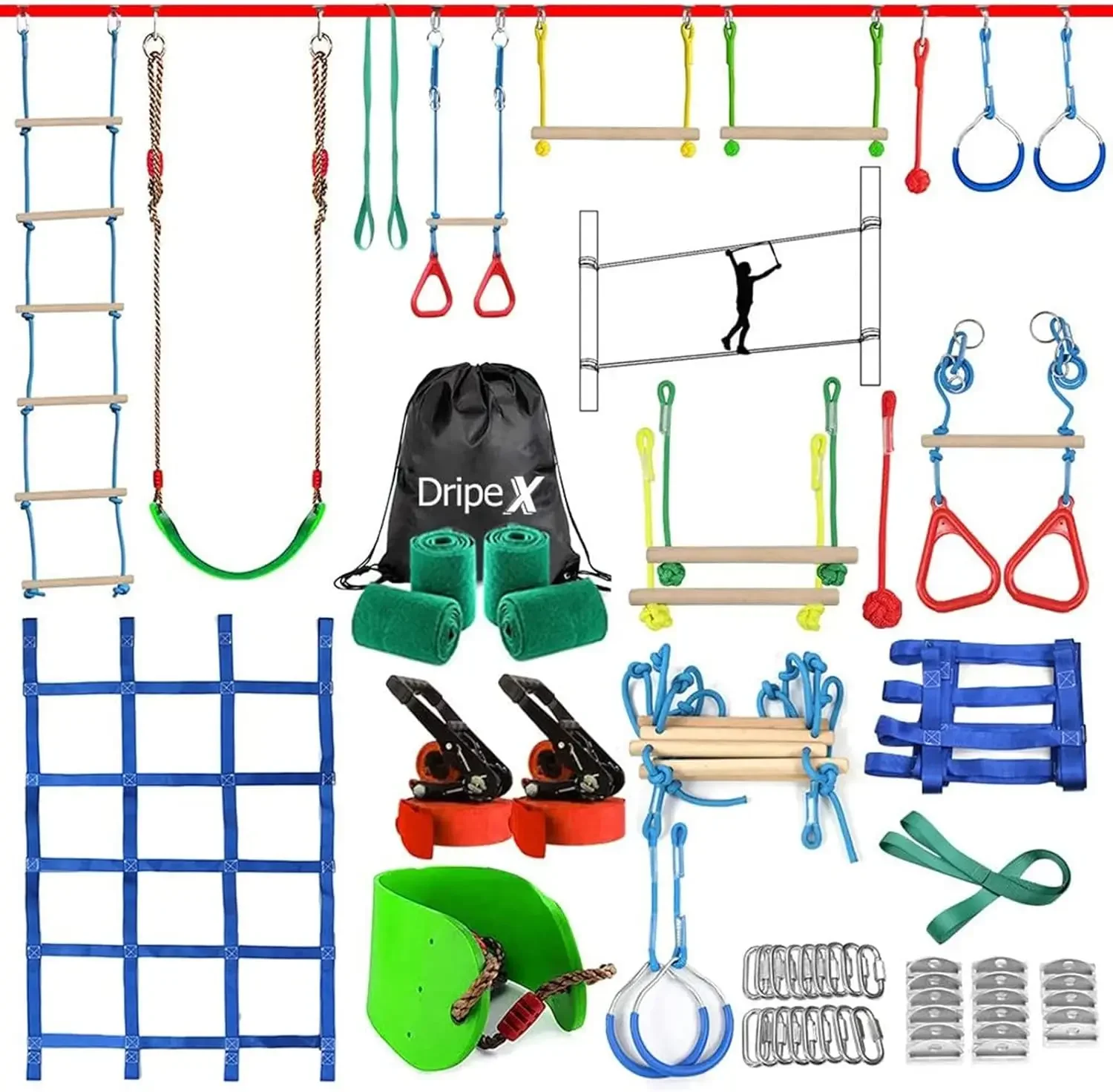 Warrior Obstacle Course for Kids, 2×50ft Double with 10 Most Complete Accessories for Kids, Swing, Trapeze