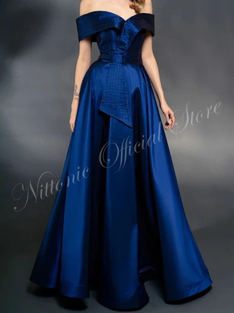 New Prom Dresses for Woman Simple Satin Off Shoulder Floor-Length A-Line Draped Formal Occasion Party Evening Elegant 2023