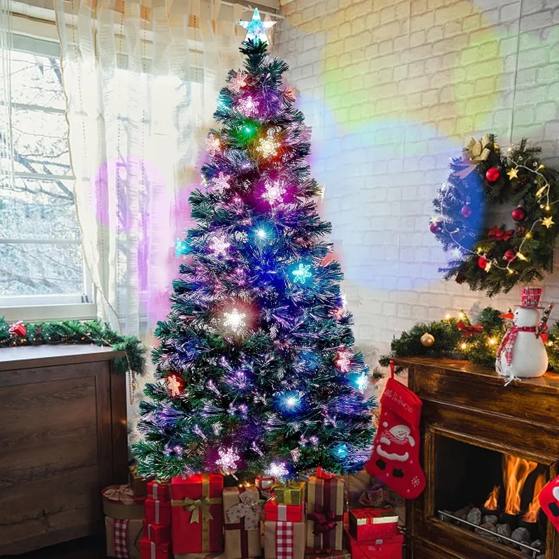 Juegoal 6 ft Pre-Lit Optical Fiber Christmas Artificial Tree, RGB Color Changing LED Lights Snowflakes & Top Star Fake Xmas Tree