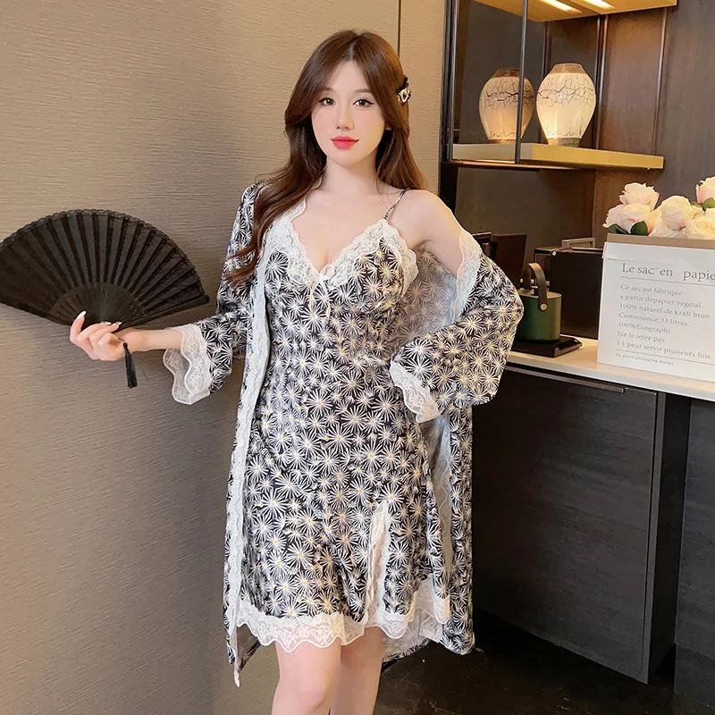 Pajamas Women's Summer New Long-sleeved Suspender Nightgown Two-piece Set Spring Autumn Thin Styles