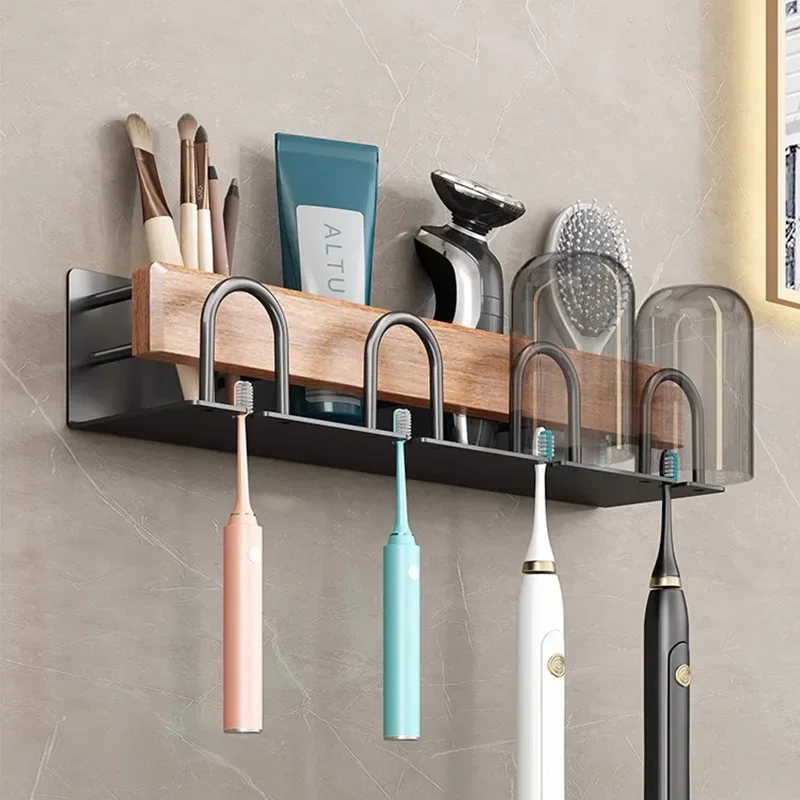 Bathroom Toothbrush Wall Mounted Holder Walnut Wood Storage Rack Bathroom Organizer Toothbrush Storage Toothpaste Holders
