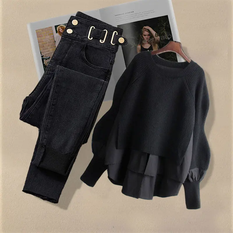 Новинка весна-осень 2024 модный Свободный пуловер большого размера из двух предметов для снижения возраста + джинсы комплект из двух предметов