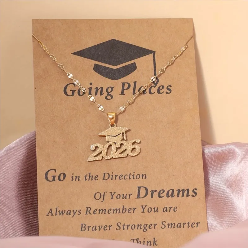 Stainless Steel Matte Golden Mortarboard Featuring Number 2026 Pendant Necklace for Women Graduation Memorial Jewelry Gifts