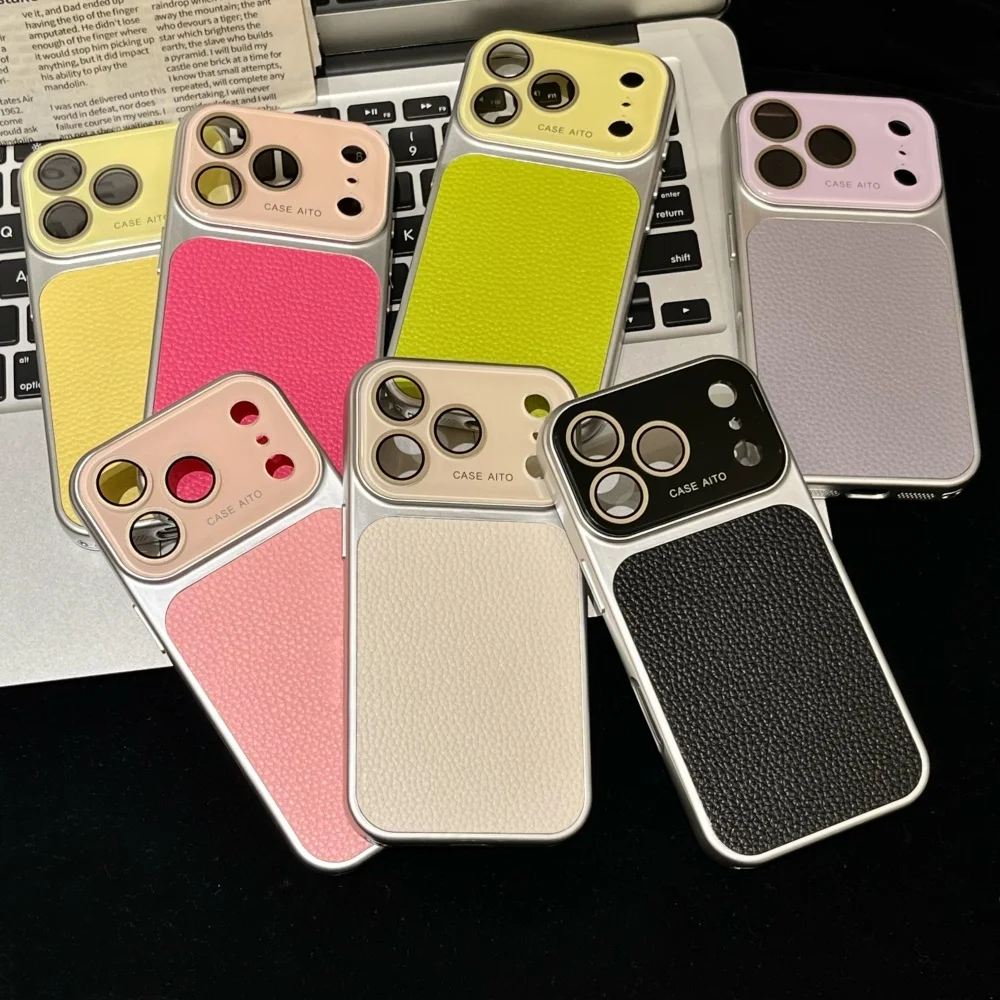 Creative Large Window Color Blocking PU Leather Case For IPhone 13 17 ProMax 16 15 14 Pro Max Glass Lens Protective Cover Fundas_voghion.com