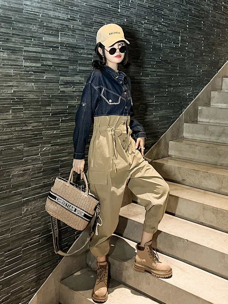 

Women Denim Jumpsuit Long Sleeve Drawstring Slim Straight Jeans One Piece Overalls Heavy industry Rhinestone stitching Jeans