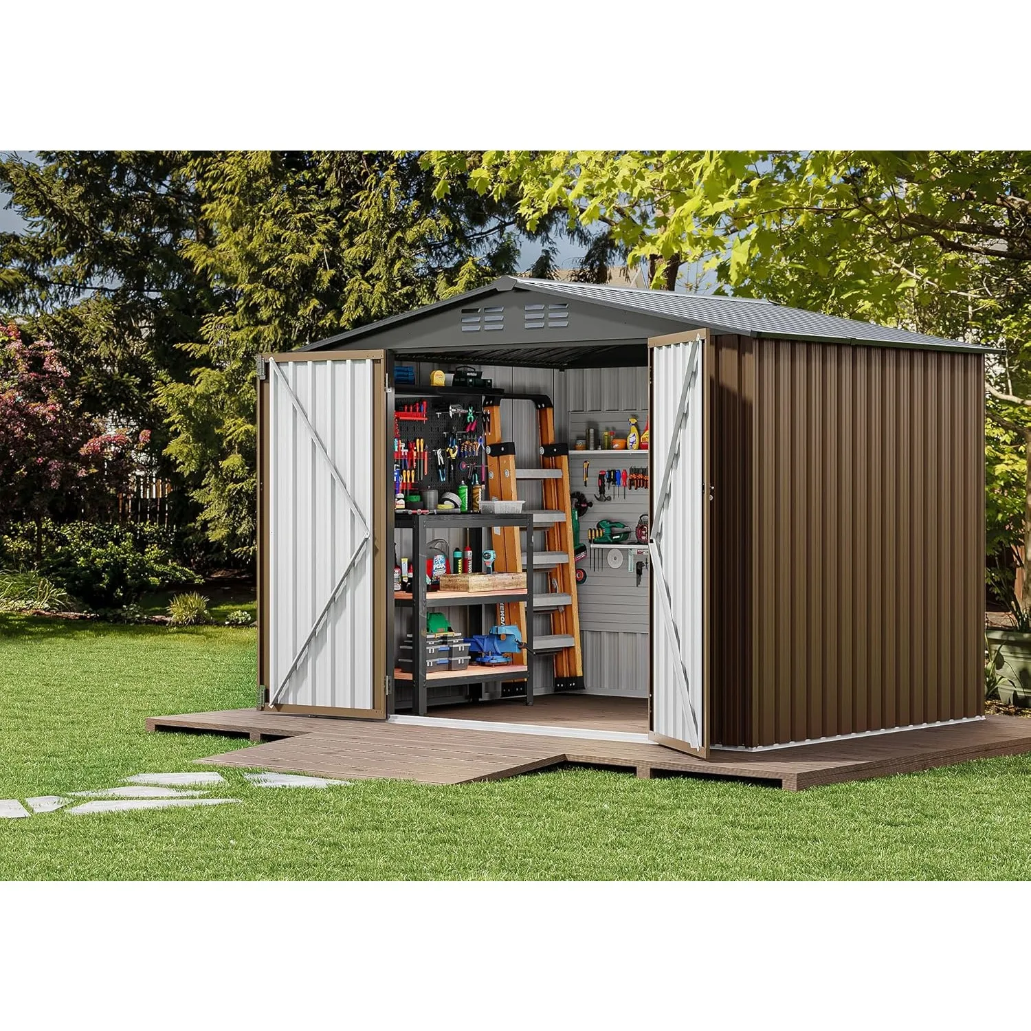 8x6 FT Outdoor Storage Shed, Large Metal Tool Sheds, Heavy Duty Storage House with Lockable Doors & Air Vent, Blown