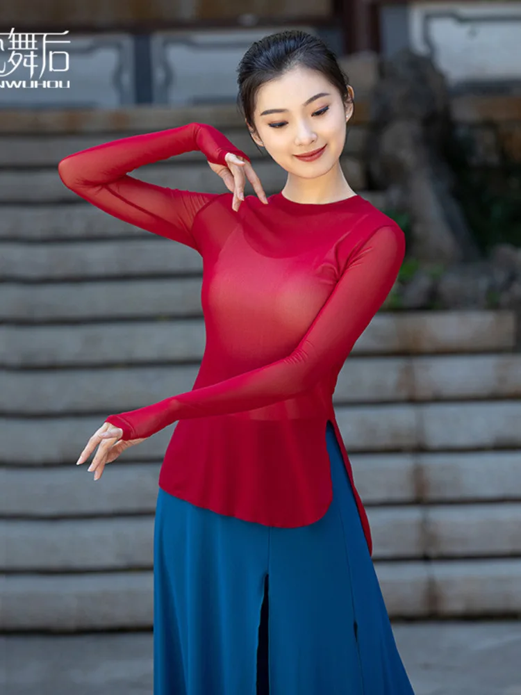 Einfarbiges, langärmliges, tailliertes Mesh-Oberteil für Damen – Elegante klassische Tanz-Performance-Kostümbluse