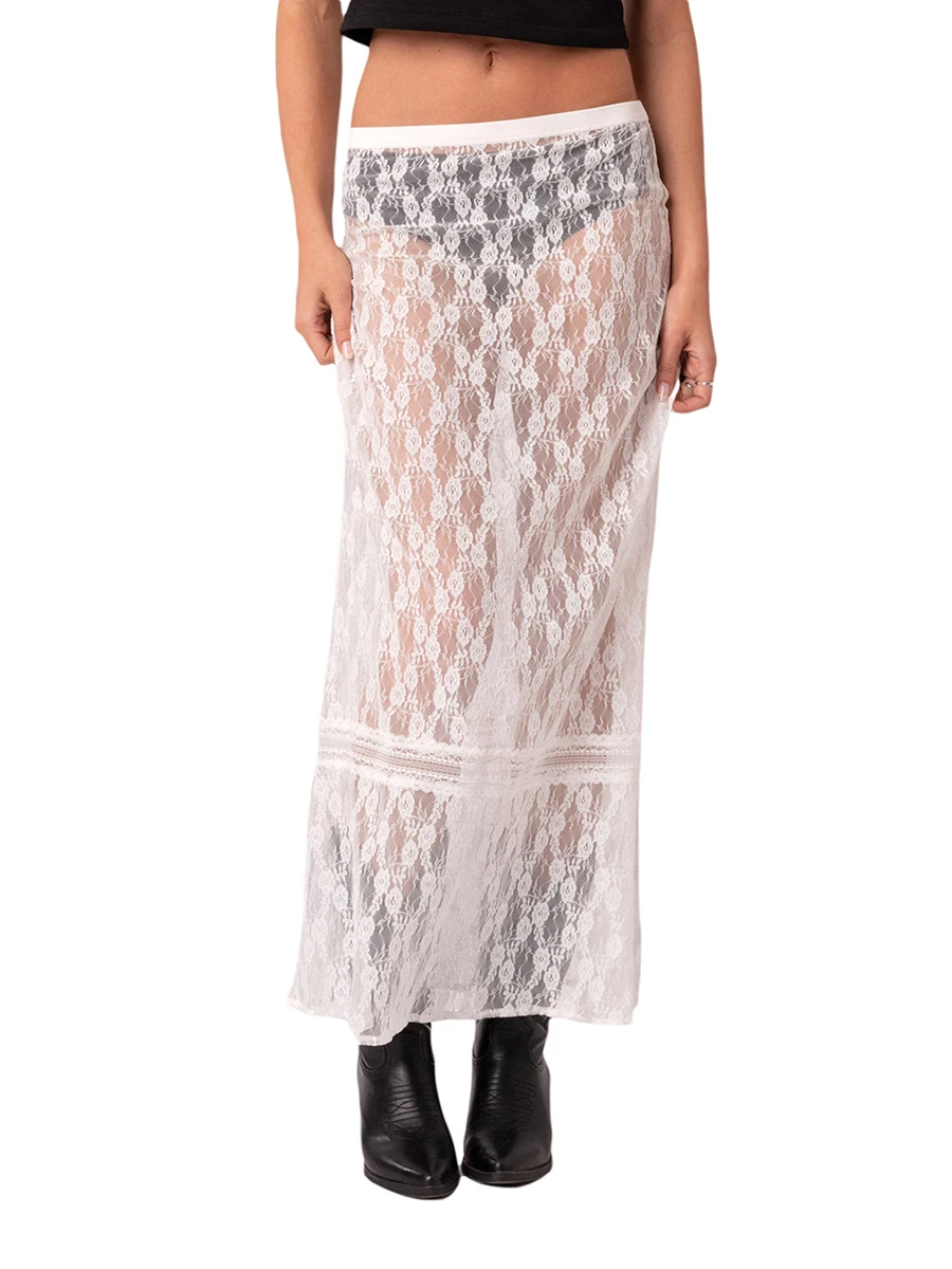 

Women Summer Boho See Through Lace Beach Cover Up Maxi Skirt Swing Ruffle Irregular Hem Layered Midi Long Skirts