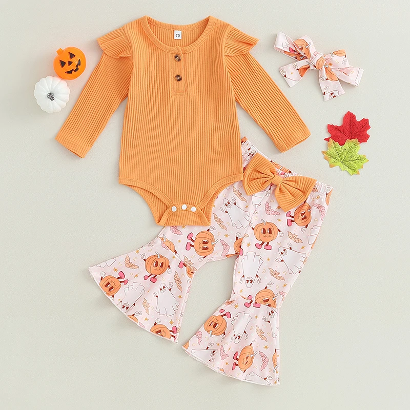 

Toddler Girls Autumn Set Adorable Long Sleeve Bodysuit with Pumpkin and Ghost Print Bell Bottoms and Matching Headband