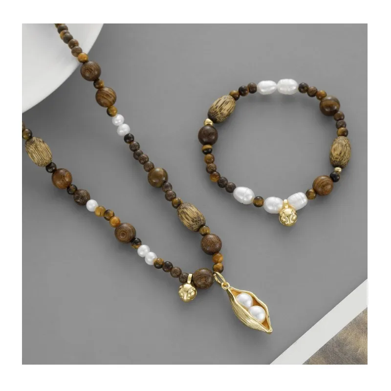 

Original Wood Bead Fruit Necklace New Chinese Ethnic Style Simple Wood Bead Pearl Bracelet Earrings Fruit Pod Clavicle Chain