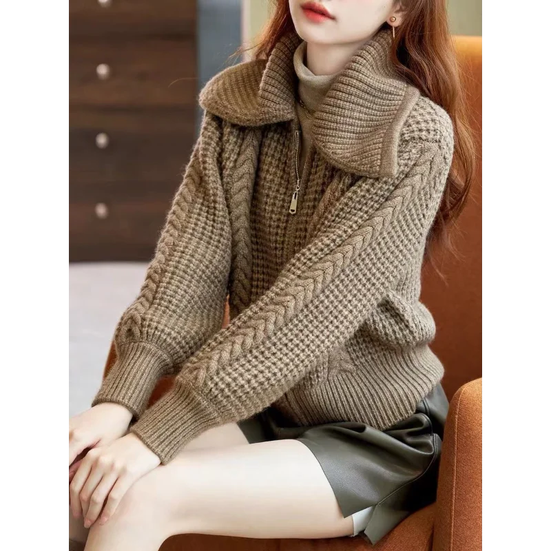 Short High-waisted Lapel Autumn Winter Cardigan Women with Zippered Sweater Jacket Loose Thick Thread Thick