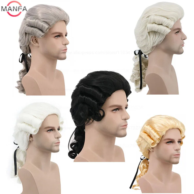 Lawyer Judge Baroque Cosplay Wig Curly Grey White Black Deluxe Historical Long Heat Resistant Synthetic Hair Wigs + Wig Cap